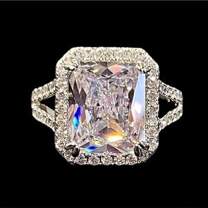 Sterling Silver White Crystal Halo Engagement Ring - Women Jewelry